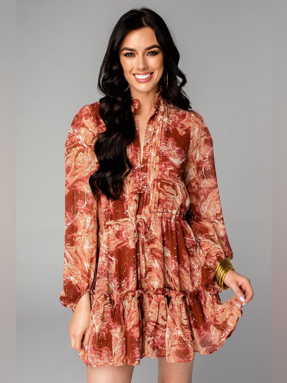 NWT Buddy Love Grace Maple Sugar Ruffle Long Sleeve Mini Dress Size Small